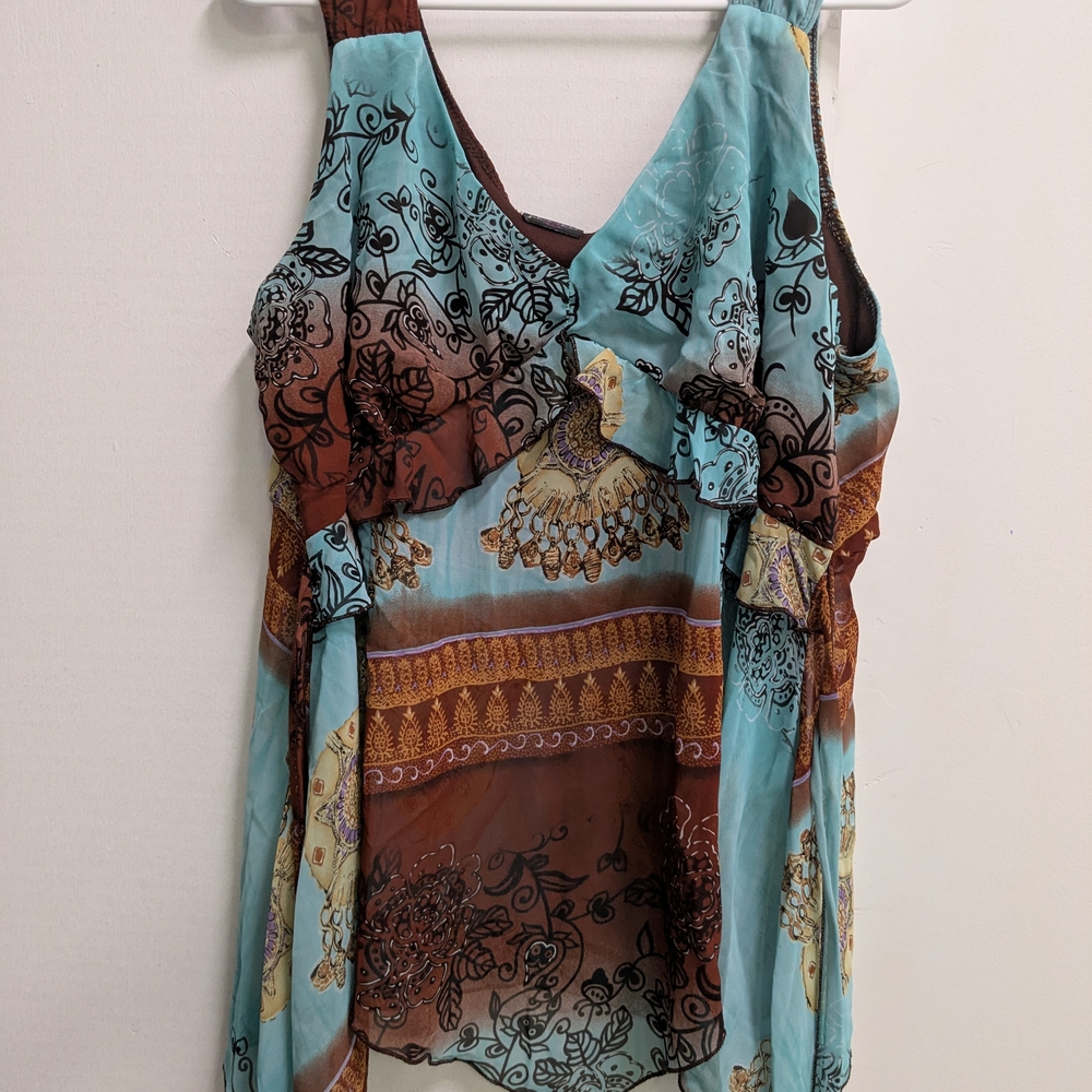 Julie's Closet Aqua and Chocolate Patterned Blouse